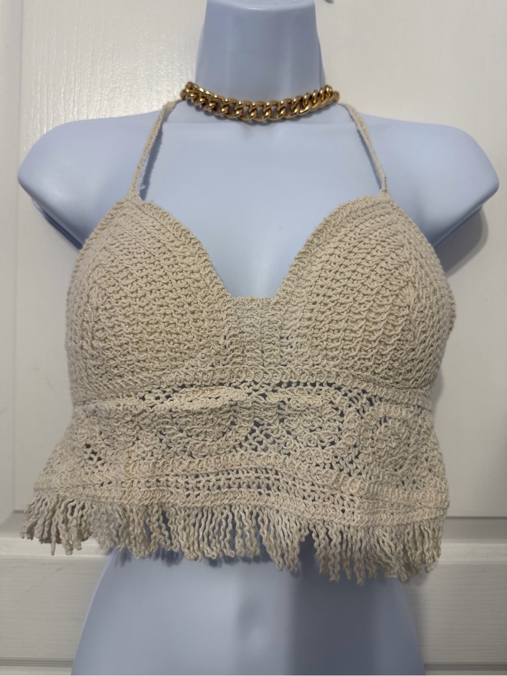 Crochet Fringe Halter Crop Top - Cream
